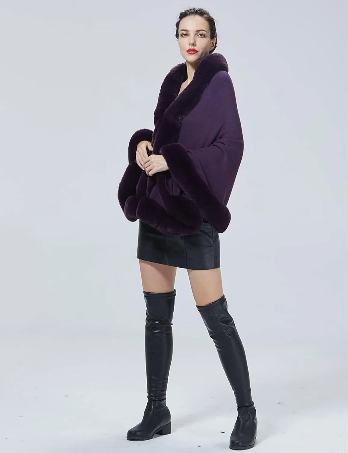 Women Faux Fur Shawl Wrap Cape with Fur Trim Sleeveless Cardigan Dressy Cloak Winter Poncho Coat for Wedding