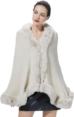 Women Faux Fur Shawl Wrap Cape with Fur Trim Sleeveless Cardigan Dressy Cloak Winter Poncho Coat for Wedding