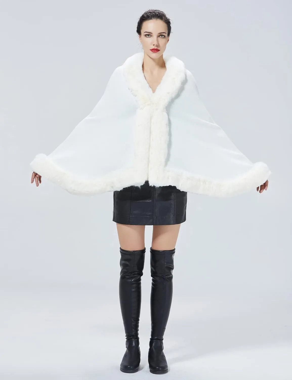 Women Faux Fur Shawl Wrap Cape with Fur Trim Sleeveless Cardigan Dressy Cloak Winter Poncho Coat for Wedding