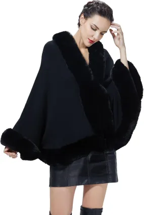 Women Faux Fur Shawl Wrap Cape with Fur Trim Sleeveless Cardigan Dressy Cloak Winter Poncho Coat for Wedding