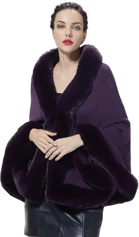 Women Faux Fur Shawl Wrap Cape with Fur Trim Sleeveless Cardigan Dressy Cloak Winter Poncho Coat for Wedding