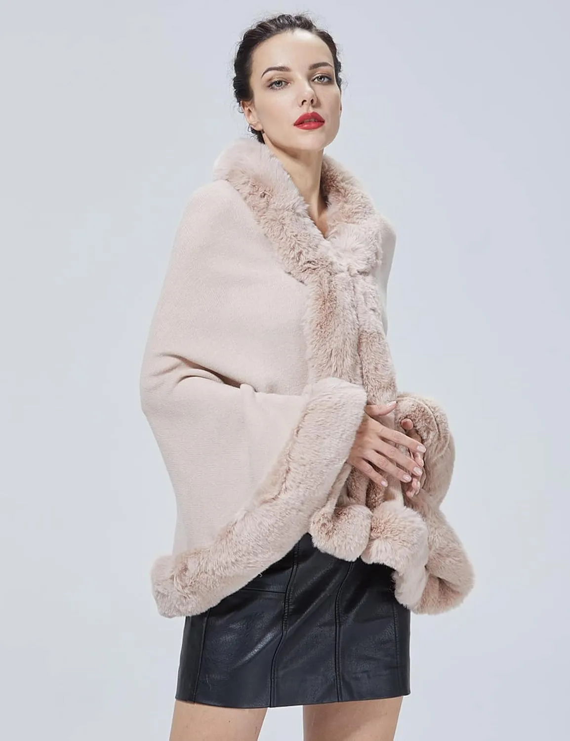 Women Faux Fur Shawl Wrap Cape with Fur Trim Sleeveless Cardigan Dressy Cloak Winter Poncho Coat for Wedding