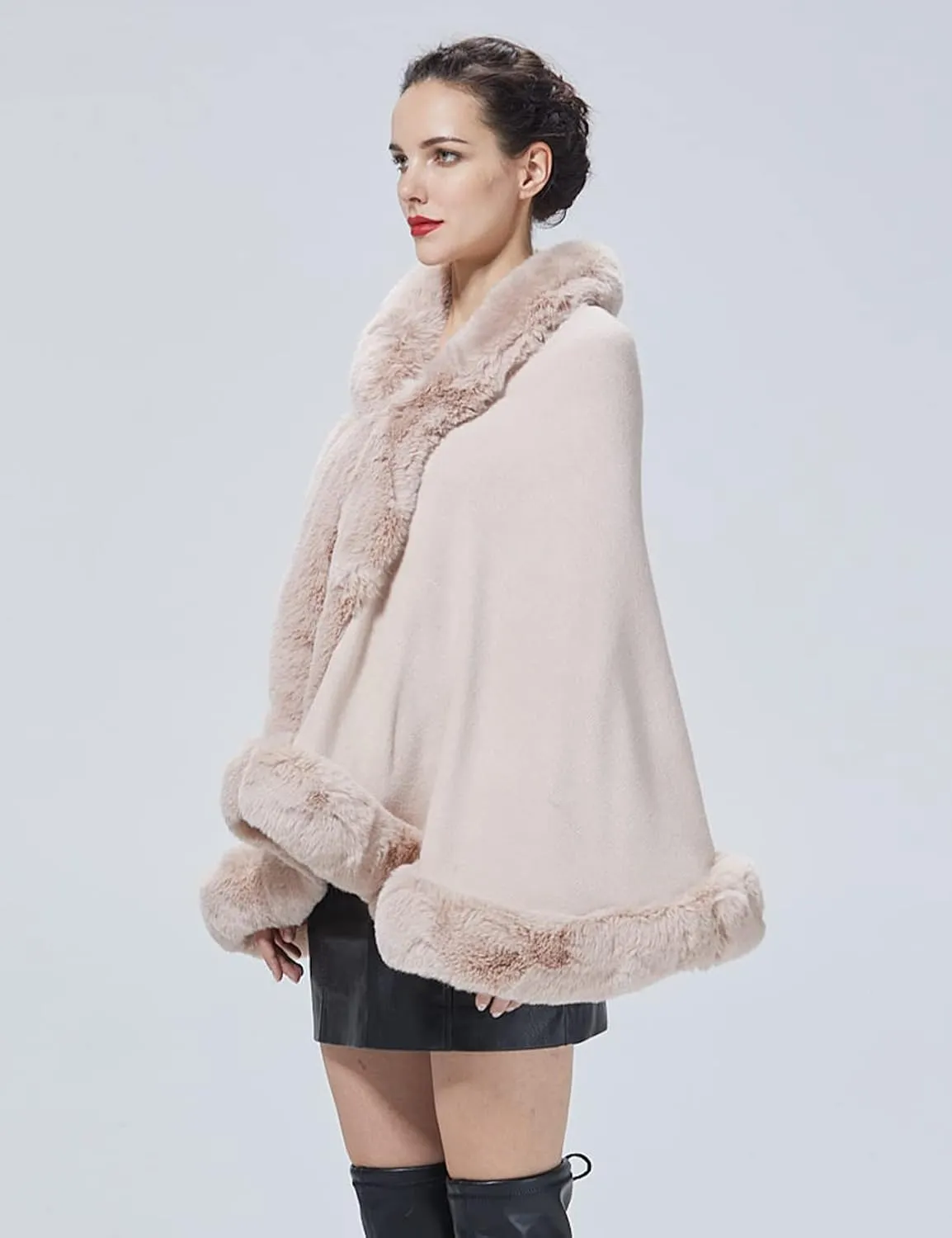 Women Faux Fur Shawl Wrap Cape with Fur Trim Sleeveless Cardigan Dressy Cloak Winter Poncho Coat for Wedding