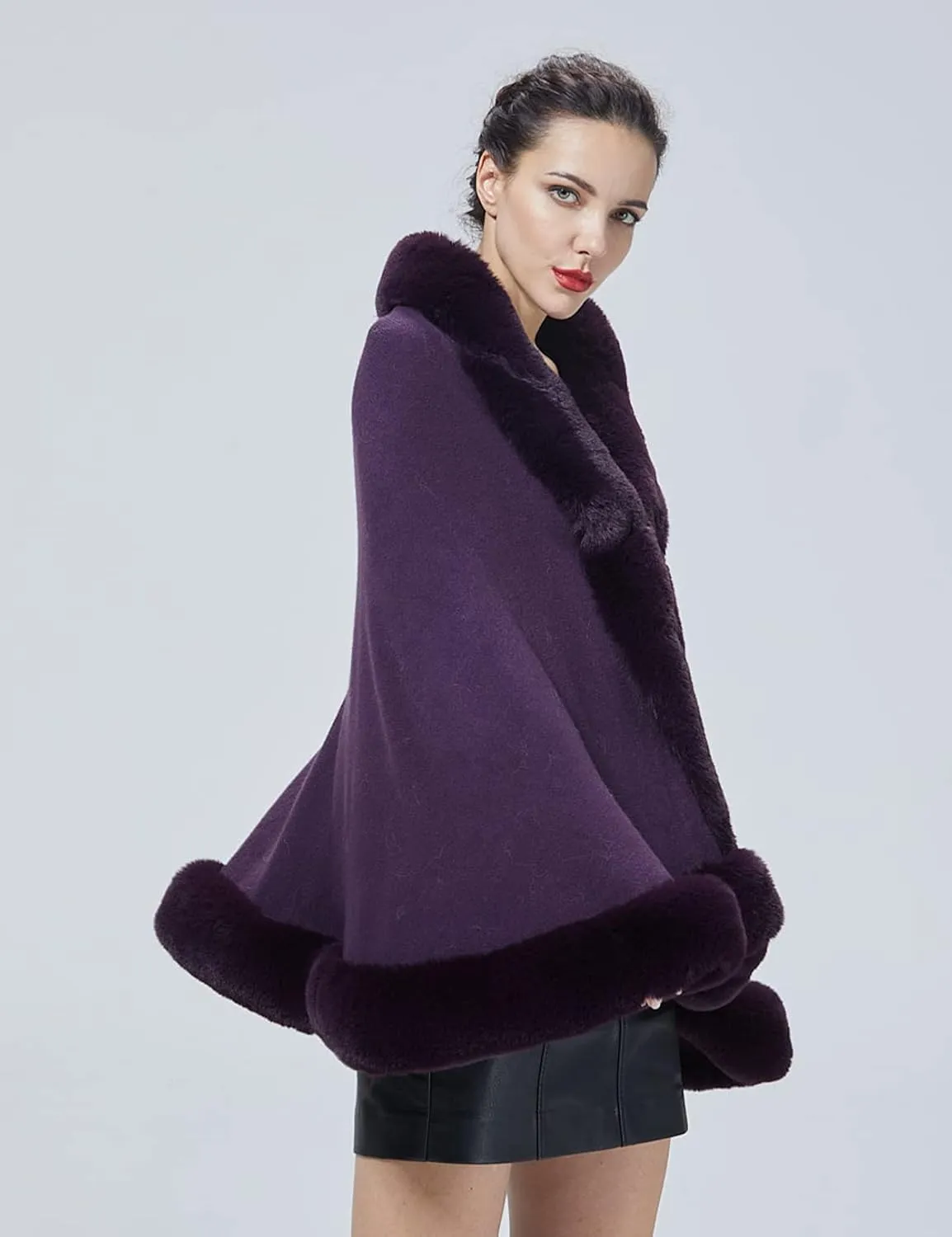 Women Faux Fur Shawl Wrap Cape with Fur Trim Sleeveless Cardigan Dressy Cloak Winter Poncho Coat for Wedding
