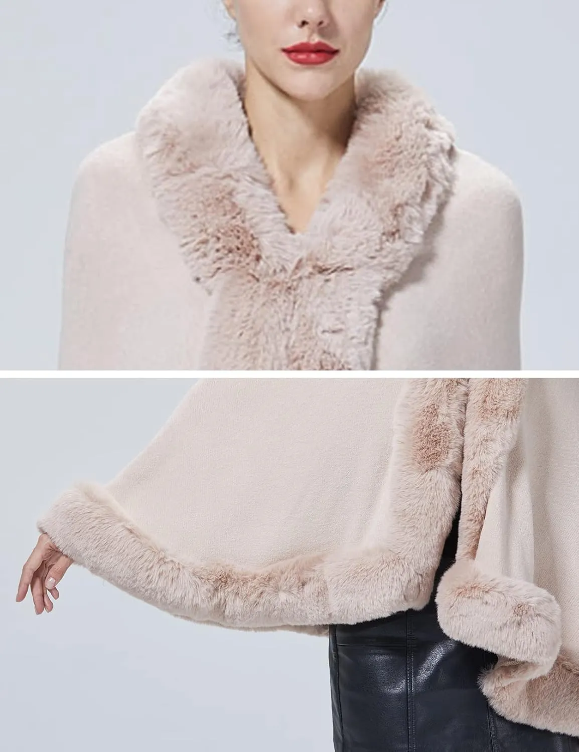Women Faux Fur Shawl Wrap Cape with Fur Trim Sleeveless Cardigan Dressy Cloak Winter Poncho Coat for Wedding