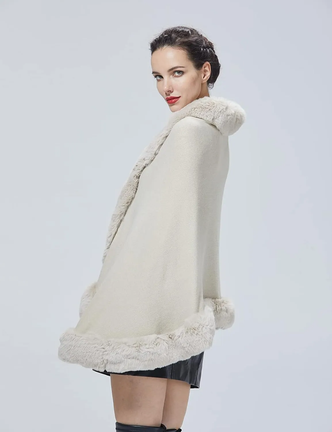 Women Faux Fur Shawl Wrap Cape with Fur Trim Sleeveless Cardigan Dressy Cloak Winter Poncho Coat for Wedding
