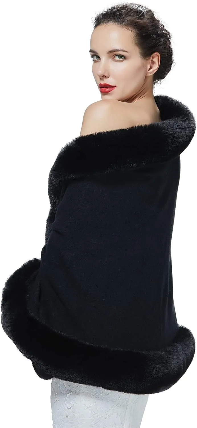 Women Faux Fur Shawl Wrap Cape with Fur Trim Sleeveless Cardigan Dressy Cloak Winter Poncho Coat for Wedding