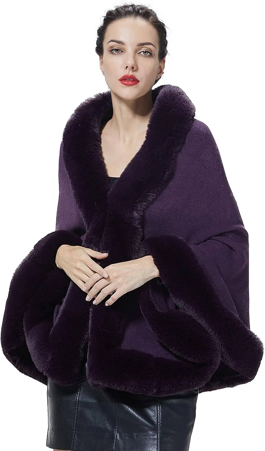 Women Faux Fur Shawl Wrap Cape with Fur Trim Sleeveless Cardigan Dressy Cloak Winter Poncho Coat for Wedding
