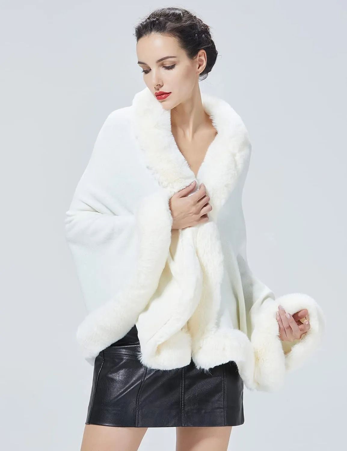 Women Faux Fur Shawl Wrap Cape with Fur Trim Sleeveless Cardigan Dressy Cloak Winter Poncho Coat for Wedding