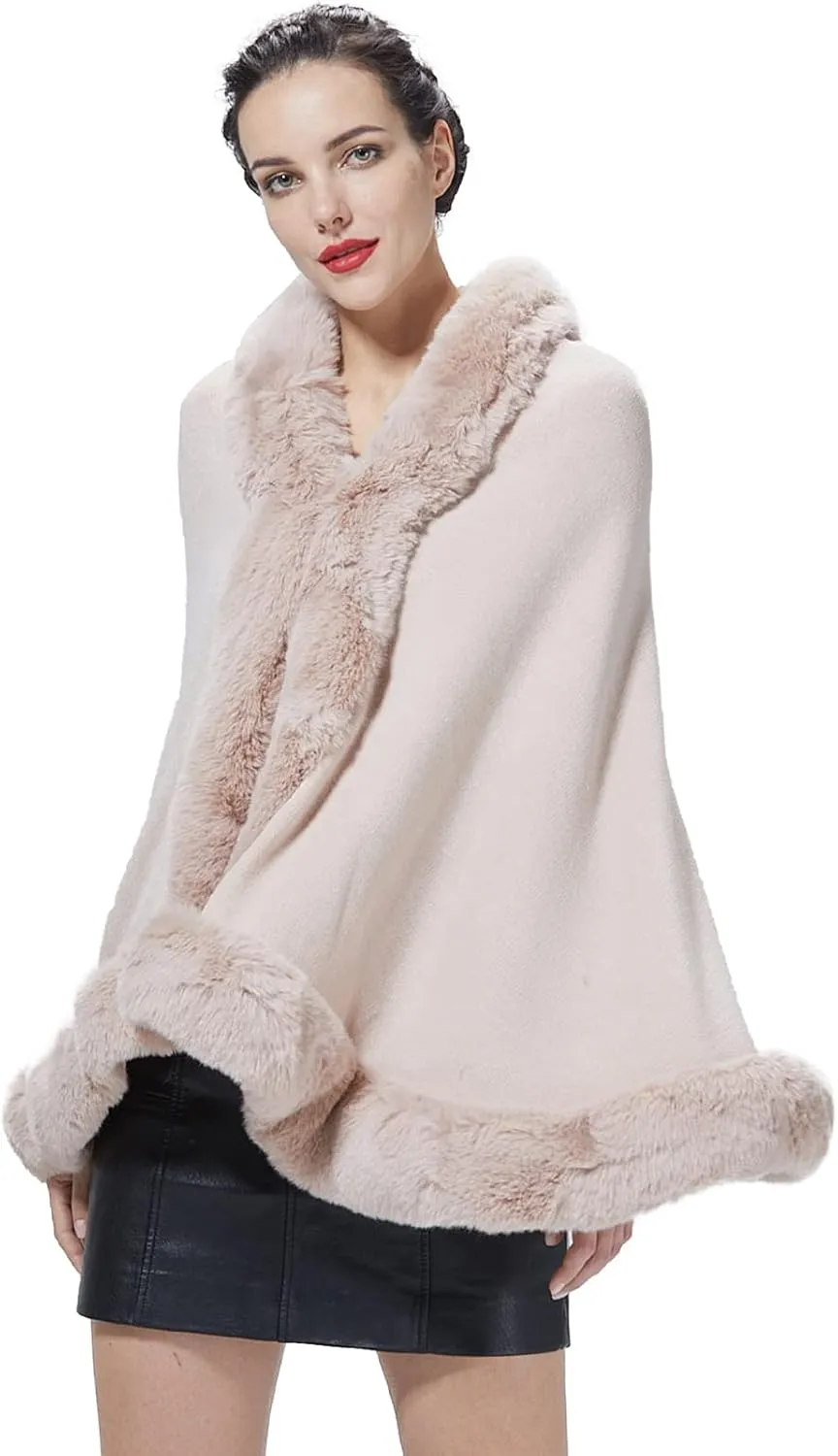 Women Faux Fur Shawl Wrap Cape with Fur Trim Sleeveless Cardigan Dressy Cloak Winter Poncho Coat for Wedding