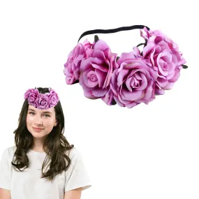 Women Rose Flower Crown Wedding Festival Headband Floral Crown for Hawaiian Luau Party Festivals Photo Props (Purple)