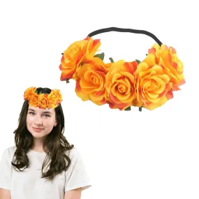 Women Rose Flower Crown Wedding Festival Headband Floral Crown Headband Hawaiian Luau Flower Headband for Party Festivals Photo Props (ORANGE)