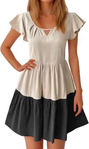Women Ruffle Sleeve Mini Dress Fashion Color Block Notch V Neck Lounge Dresses Novelty Going Out T-Shirt Dress