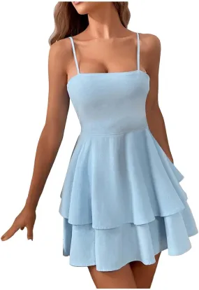Women Summer Boho Ruffle Short Dress Strappy Layered Flowy Swing Tube Dress Solid Color Casaul Sun Beach Mini Dresses