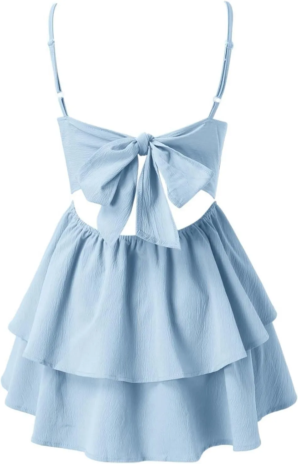 Women Summer Boho Ruffle Short Dress Strappy Layered Flowy Swing Tube Dress Solid Color Casaul Sun Beach Mini Dresses