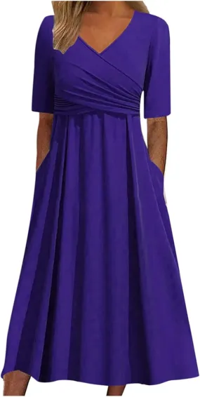 Women Summer Casual Dress V Neck Short Sleeve Pleated Maxi Beach Vacation Dresses with Pockets Boho Sundress
