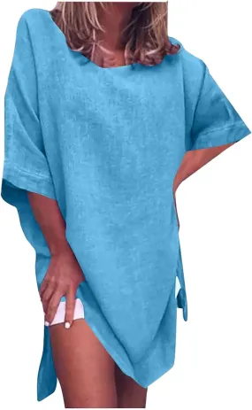 Women Summer Crew Neck Half Sleeve Midi Dress Casual Side Split Plus Size Wrinkle-Free Travel Vacation T Shirt Dress