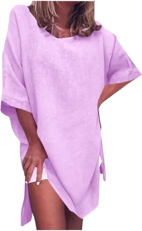 Women Summer Crew Neck Half Sleeve Midi Dress Casual Side Split Plus Size Wrinkle-Free Travel Vacation T Shirt Dress
