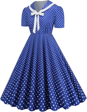 Women's 1950s Vintage Audrey Hepburn Style Cocktail Party Swing Dresses Lapel Short Sleeve Polka Dot Midi Tea Dress