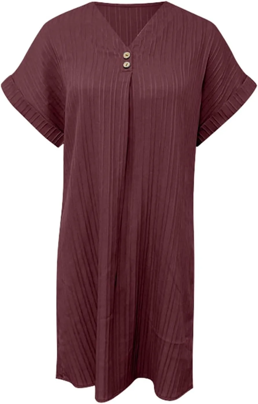 Womens 2025 Button Down Summer Dress Spring Flutter Sleeve Cotton Linen Dress Plus Size Beach A Line Casual Dress