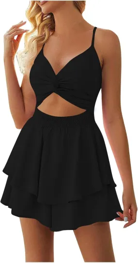Women's 2025 Summer Short Dress Sexy V Neck Spaghetti Straps Backless Bow Tie Ruffle Hem A Line Mini Dresses