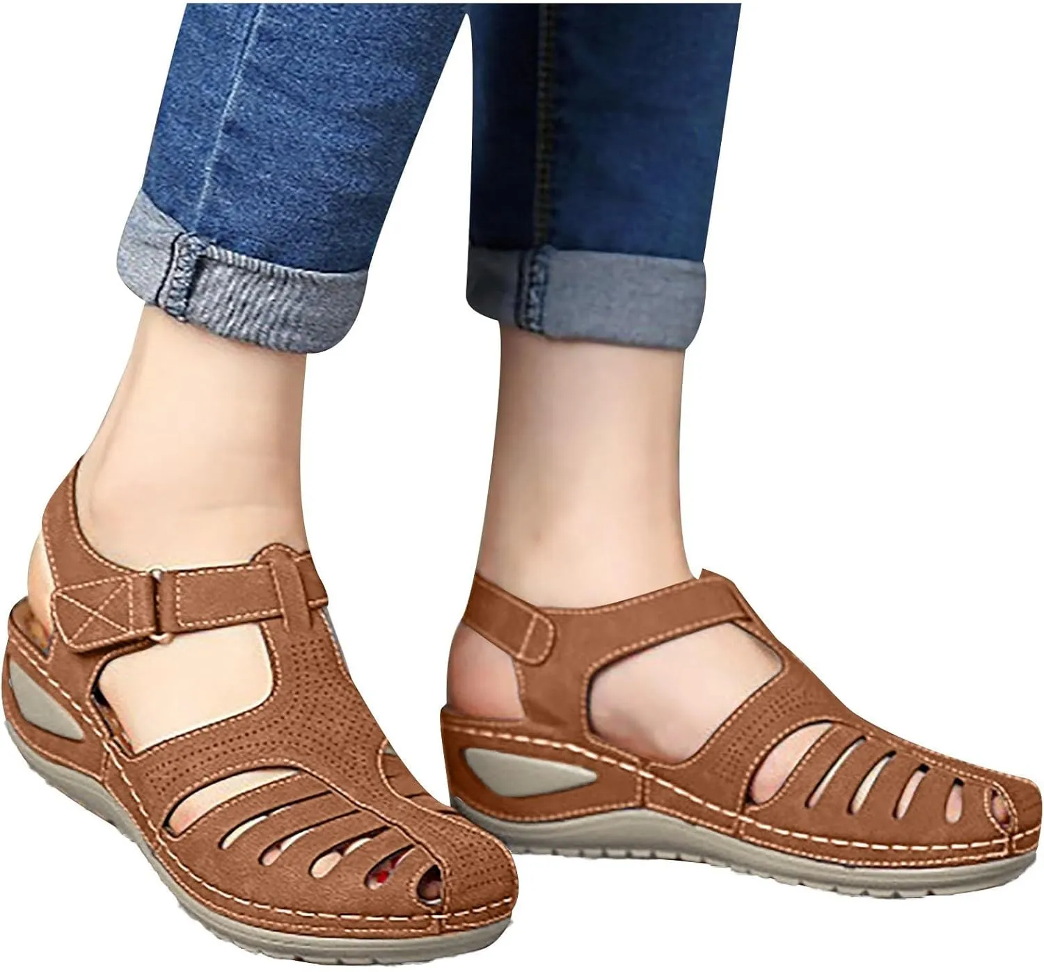 Womens Arch Support Orthopedic Sandals Adjustable Ankle Strap Wedge Sandals Summer Hollow Out Closed Toe Shoes