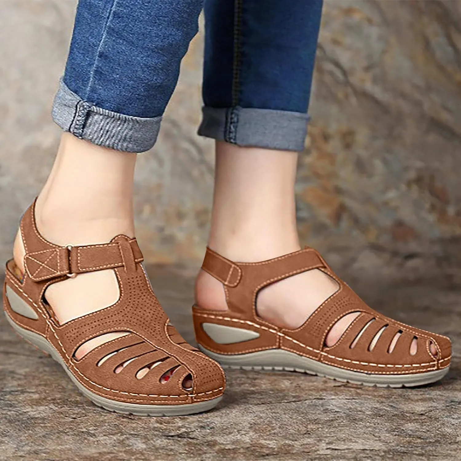 Womens Arch Support Orthopedic Sandals Adjustable Ankle Strap Wedge Sandals Summer Hollow Out Closed Toe Shoes