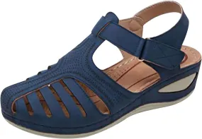Womens Arch Support Orthopedic Sandals Adjustable Ankle Strap Wedge Sandals Summer Hollow Out Closed Toe Shoes