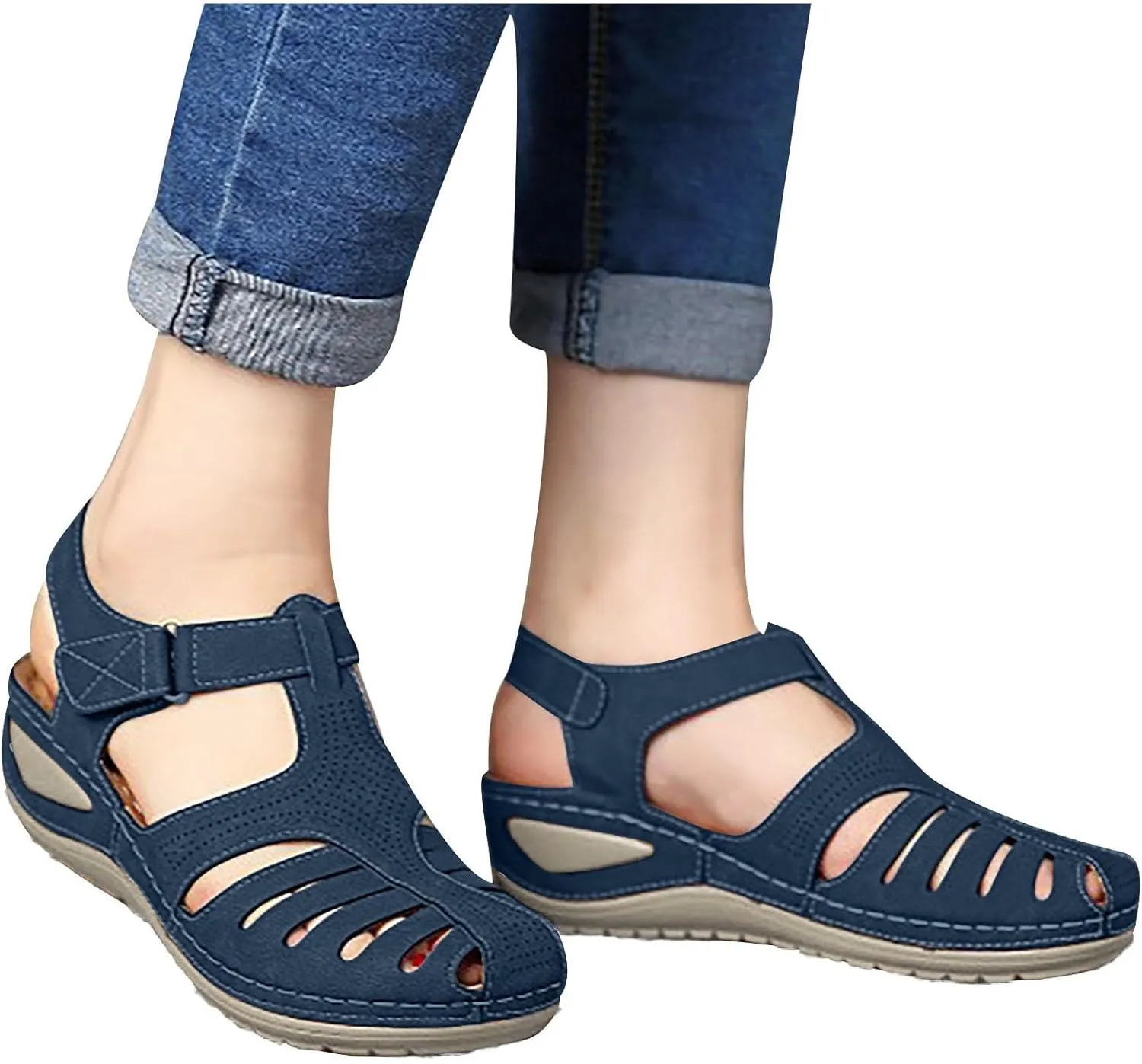Womens Arch Support Orthopedic Sandals Adjustable Ankle Strap Wedge Sandals Summer Hollow Out Closed Toe Shoes