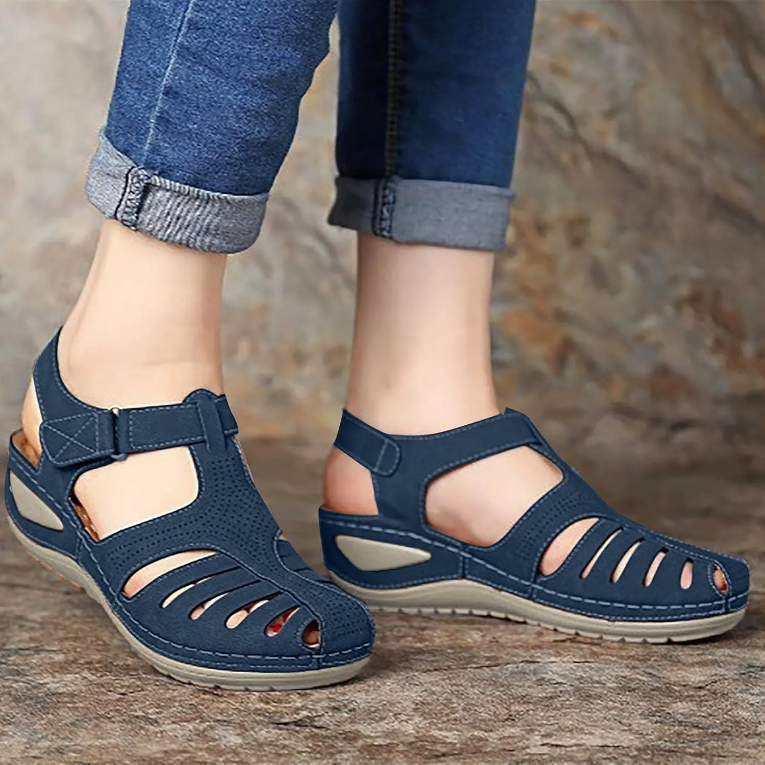 Womens Arch Support Orthopedic Sandals Adjustable Ankle Strap Wedge Sandals Summer Hollow Out Closed Toe Shoes
