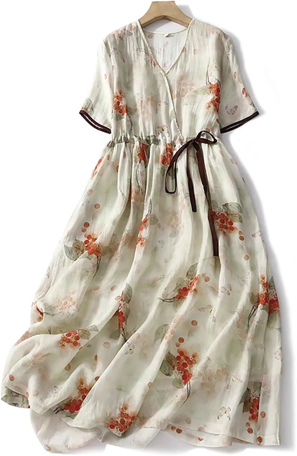 Womens Boho Floral Dresses Cotton Linen Short Sleeves Maxi Swing Dress, Summer Dress for Women 2024 Beach Sundress