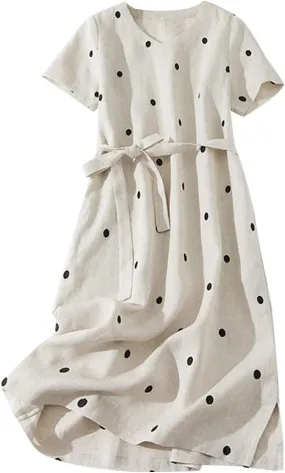 Womens Boho Floral Dresses Cotton Linen Short Sleeves Maxi Swing Dress, Summer Dress for Women 2024 Beach Sundress