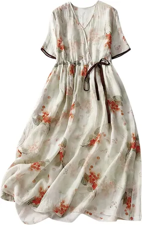 Womens Boho Floral Dresses Cotton Linen Short Sleeves Maxi Swing Dress, Summer Dress for Women 2024 Beach Sundress