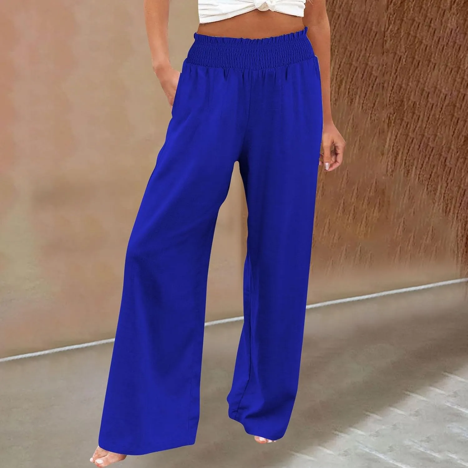 Women's Casual Loose Fit Wide-Leg Pants Ruffle Hem Smocked Waist Trousers Trendy Multiple Colors Pants for Daily Wear