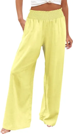 Women's Casual Loose Fit Wide-Leg Pants Ruffle Hem Smocked Waist Trousers Trendy Multiple Colors Pants for Daily Wear