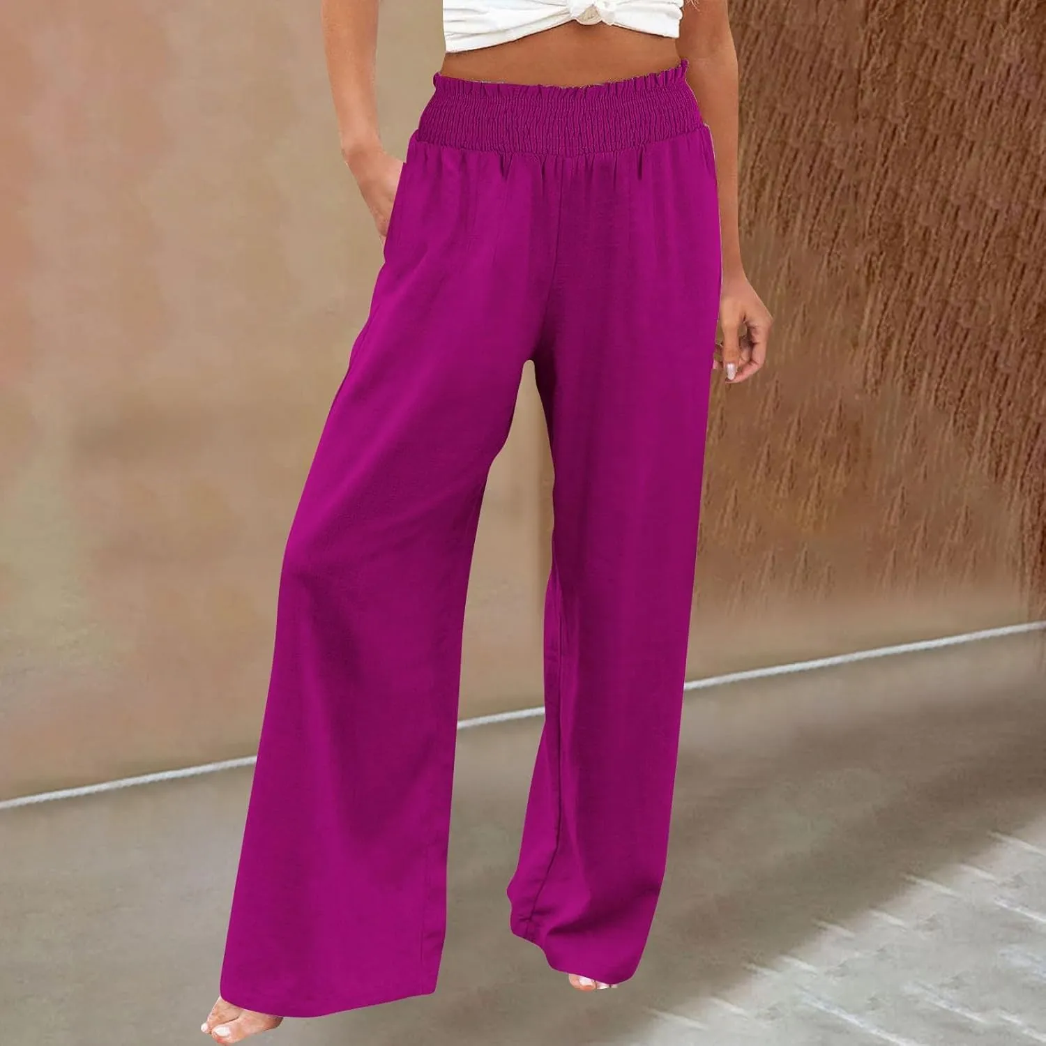 Women's Casual Loose Fit Wide-Leg Pants Ruffle Hem Smocked Waist Trousers Trendy Multiple Colors Pants for Daily Wear