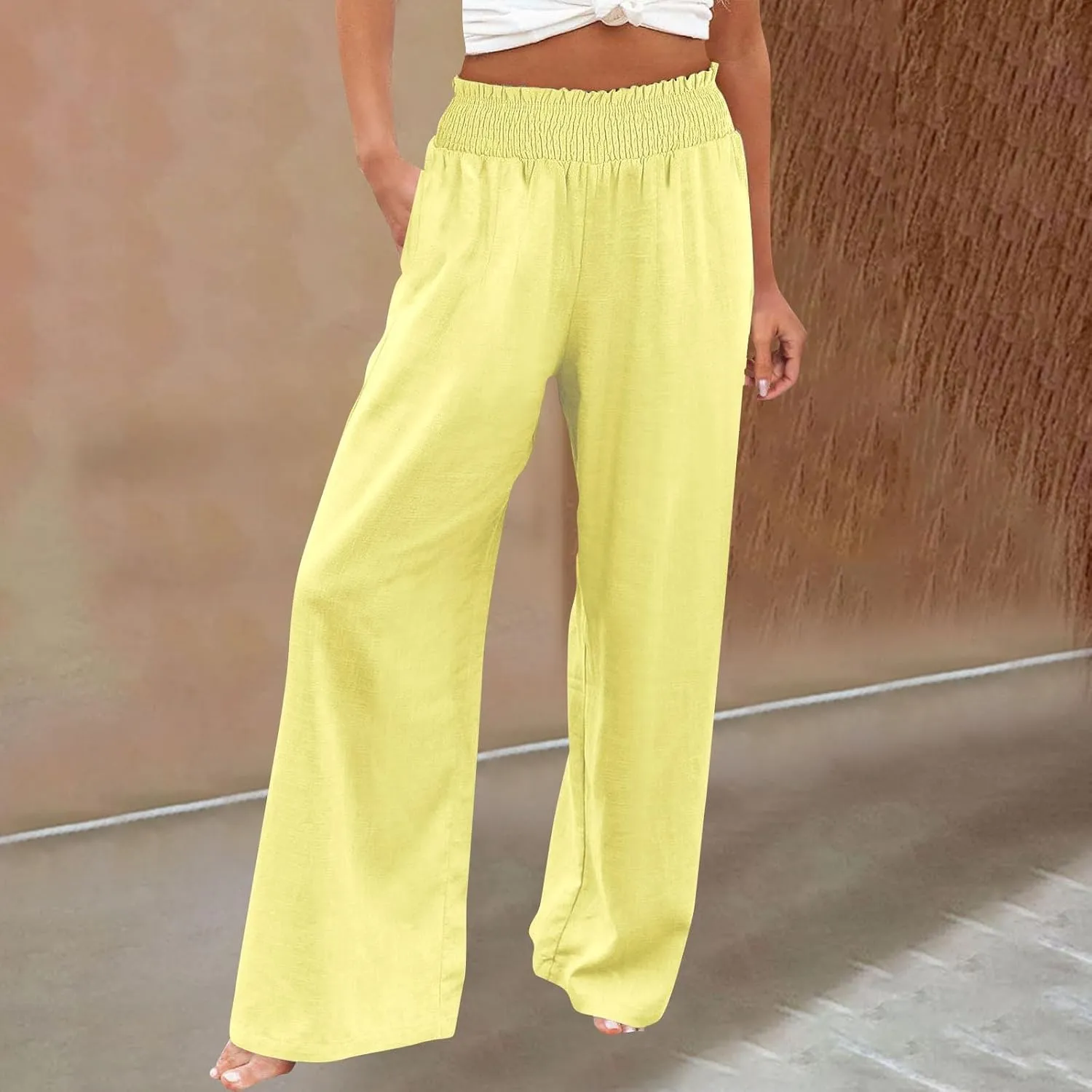 Women's Casual Loose Fit Wide-Leg Pants Ruffle Hem Smocked Waist Trousers Trendy Multiple Colors Pants for Daily Wear