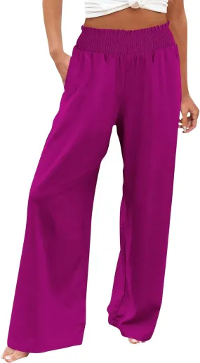 Women's Casual Loose Fit Wide-Leg Pants Ruffle Hem Smocked Waist Trousers Trendy Multiple Colors Pants for Daily Wear