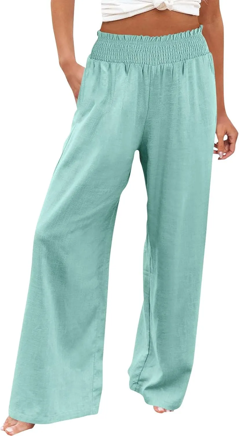 Women's Casual Loose Fit Wide-Leg Pants Ruffle Hem Smocked Waist Trousers Trendy Multiple Colors Pants for Daily Wear