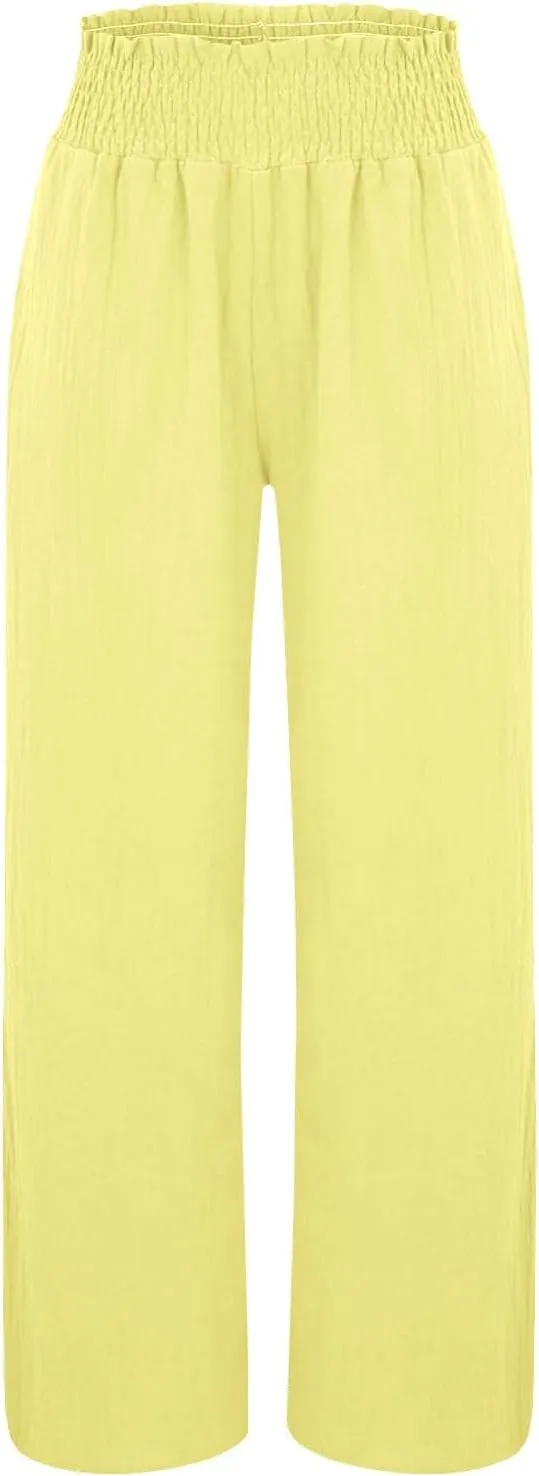 Women's Casual Loose Fit Wide-Leg Pants Ruffle Hem Smocked Waist Trousers Trendy Multiple Colors Pants for Daily Wear