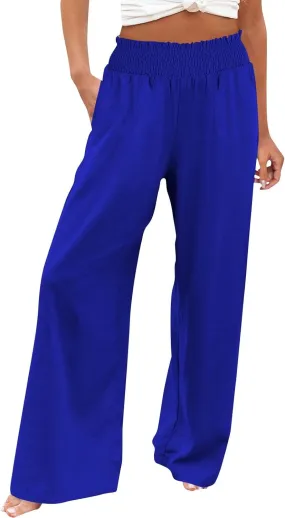 Women's Casual Loose Fit Wide-Leg Pants Ruffle Hem Smocked Waist Trousers Trendy Multiple Colors Pants for Daily Wear
