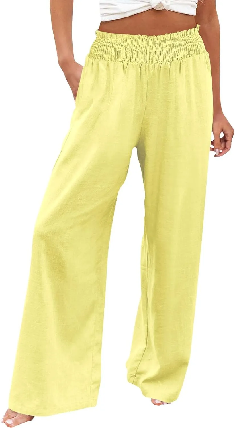 Women's Casual Loose Fit Wide-Leg Pants Ruffle Hem Smocked Waist Trousers Trendy Multiple Colors Pants for Daily Wear