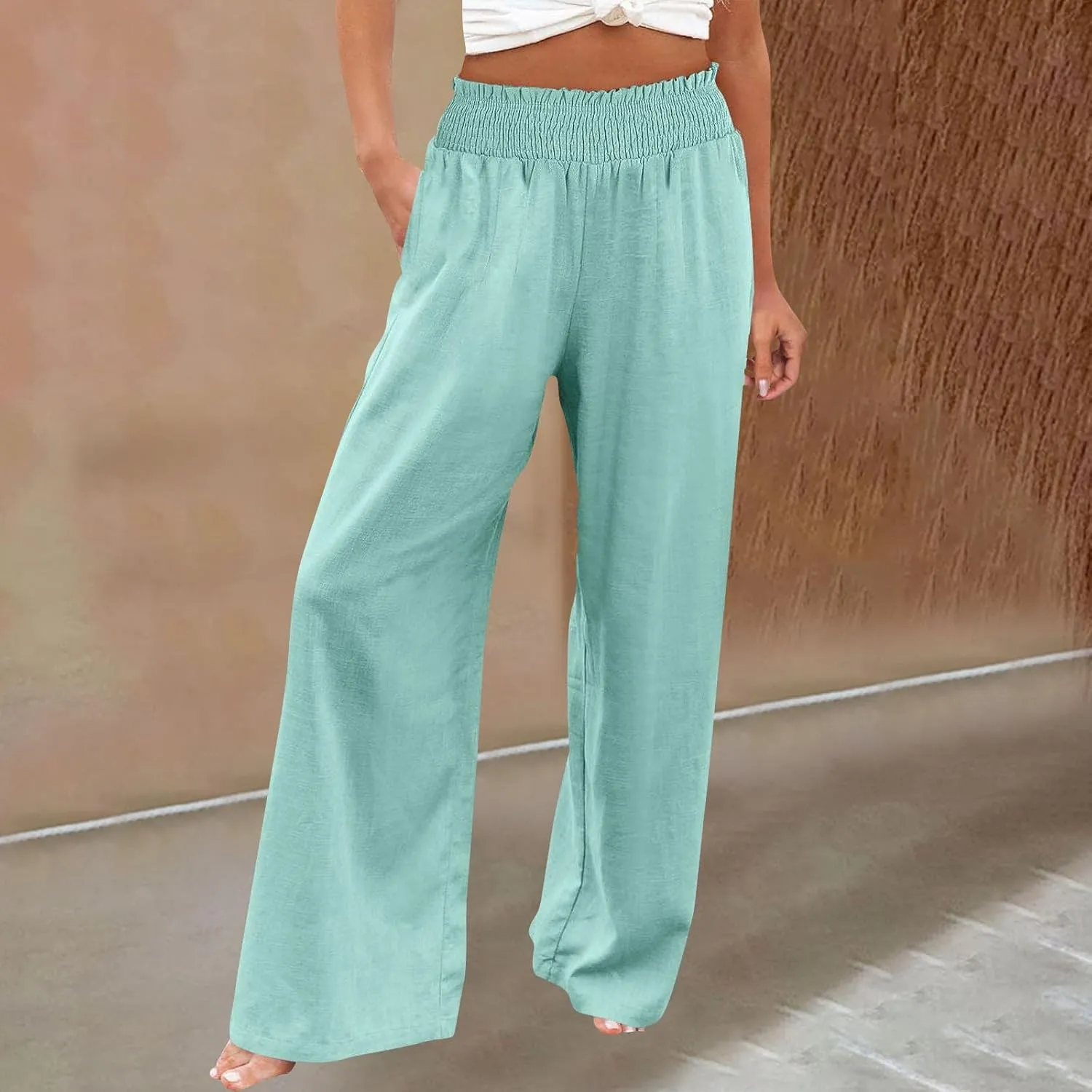 Women's Casual Loose Fit Wide-Leg Pants Ruffle Hem Smocked Waist Trousers Trendy Multiple Colors Pants for Daily Wear