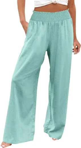 Women's Casual Loose Fit Wide-Leg Pants Ruffle Hem Smocked Waist Trousers Trendy Multiple Colors Pants for Daily Wear