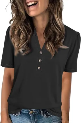 Women's Casual Short Sleeve Henley Shirt Stylish Button-Down V-Neck Top Lightweight and Comfortable for Everyday Wear