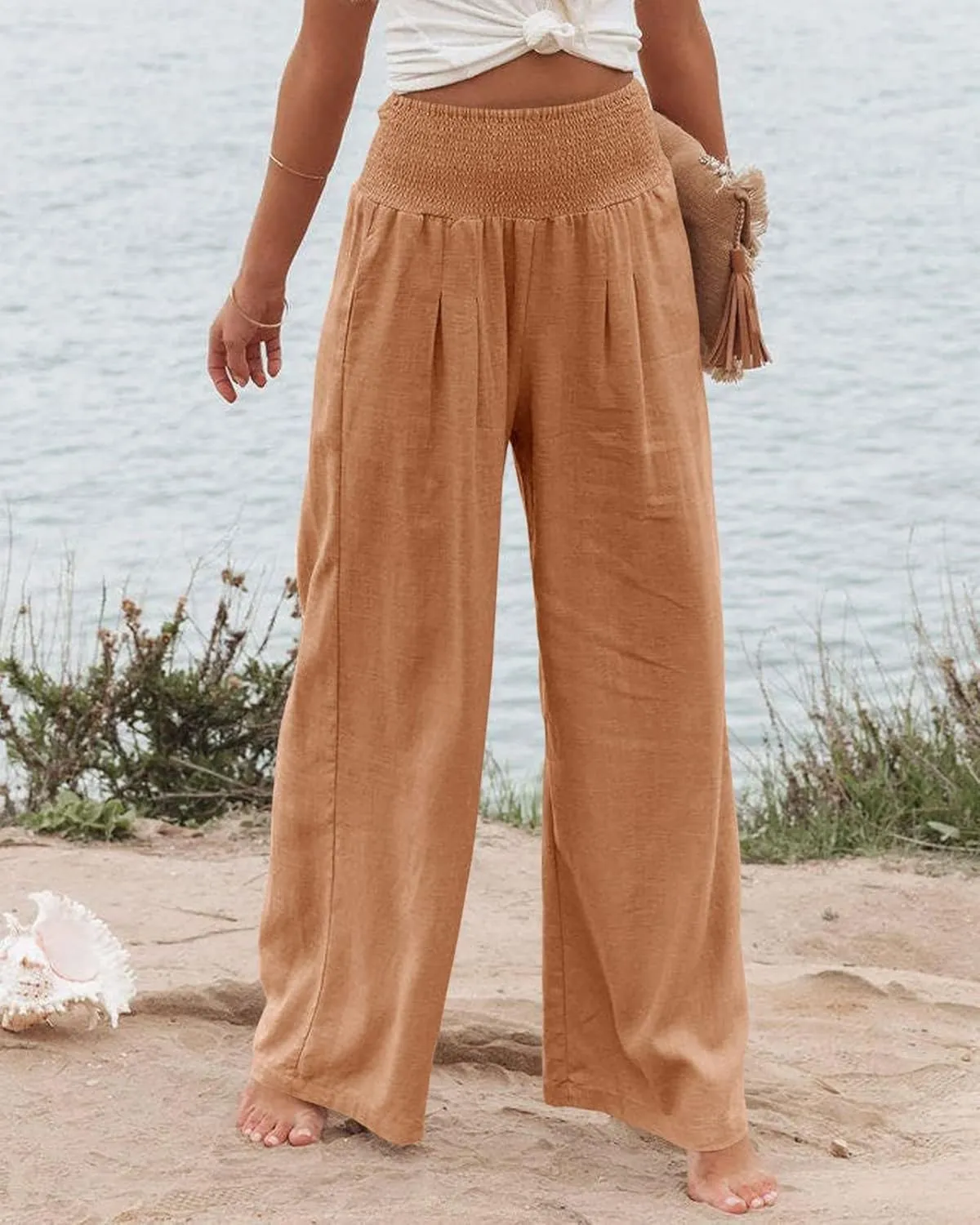 Women's Cotton Linen Pants Summer Casual Loose Trousers for Women High Waist Wide Leg Pants with Pockets Resort Wear