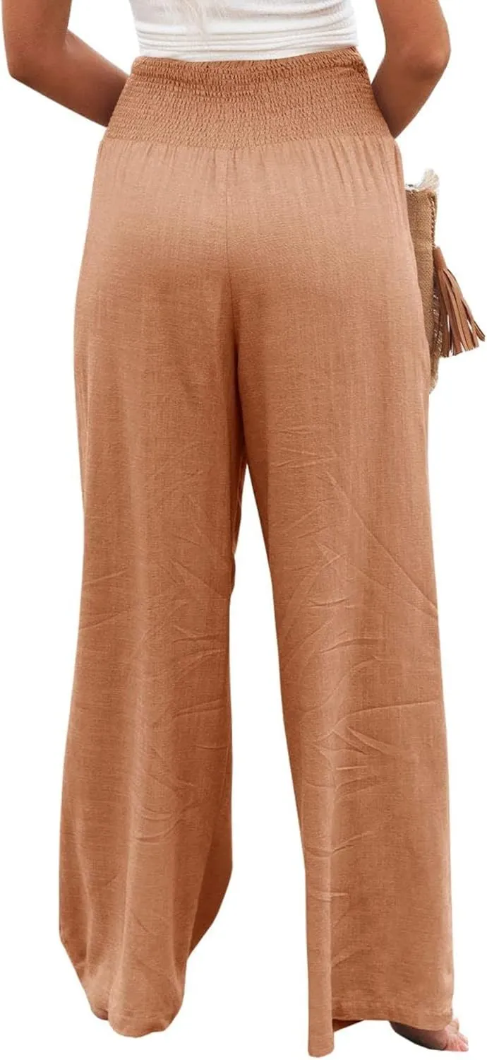 Women's Cotton Linen Pants Summer Casual Loose Trousers for Women High Waist Wide Leg Pants with Pockets Resort Wear