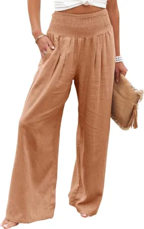 Women's Cotton Linen Pants Summer Casual Loose Trousers for Women High Waist Wide Leg Pants with Pockets Resort Wear