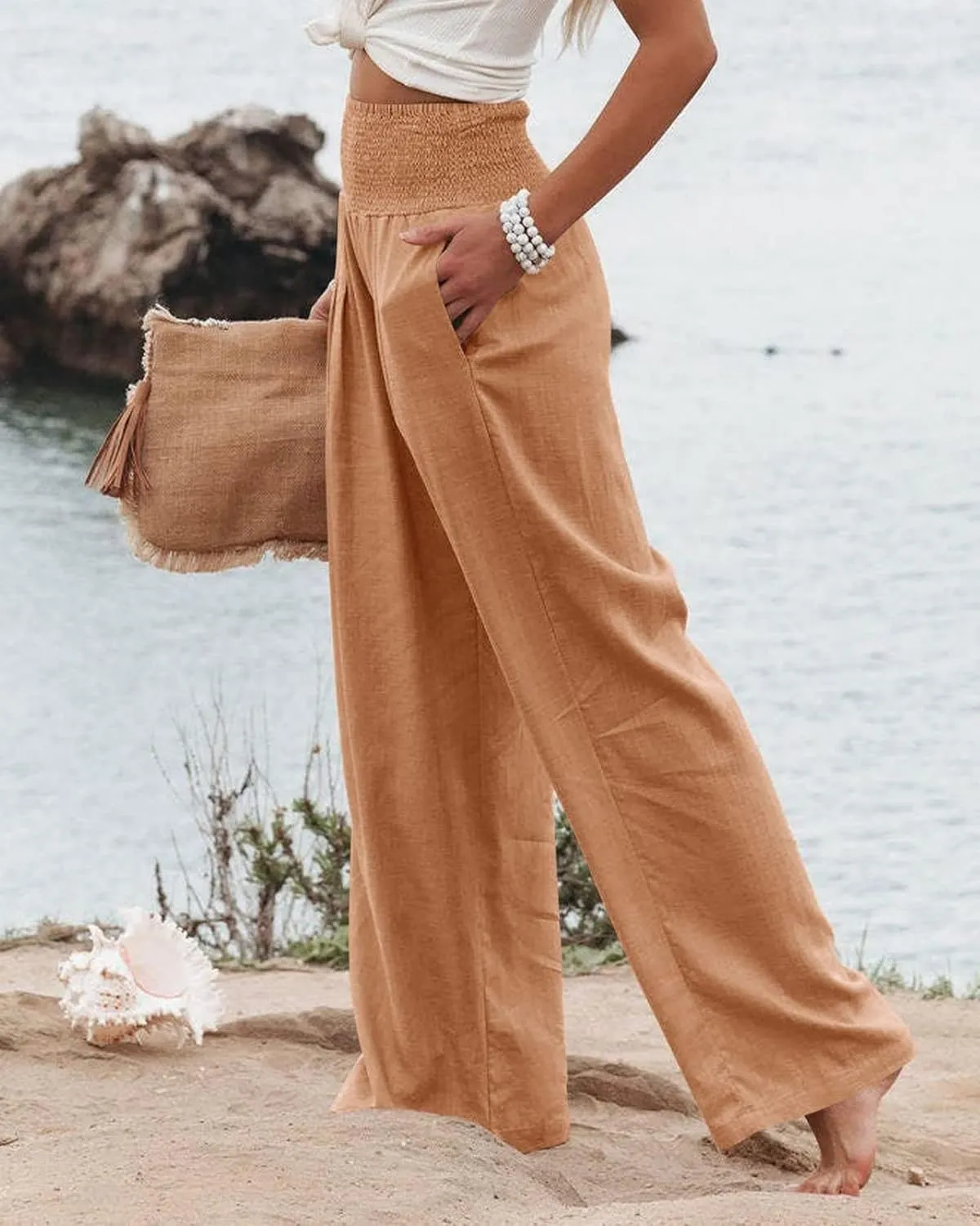 Women's Cotton Linen Pants Summer Casual Loose Trousers for Women High Waist Wide Leg Pants with Pockets Resort Wear