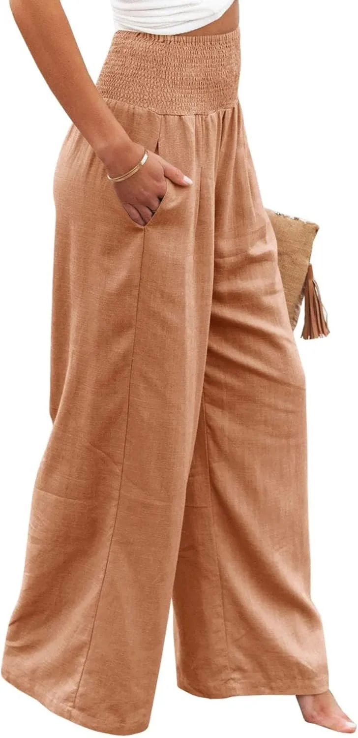 Women's Cotton Linen Pants Summer Casual Loose Trousers for Women High Waist Wide Leg Pants with Pockets Resort Wear